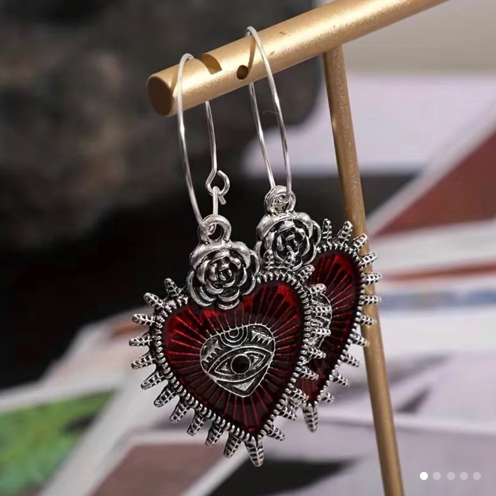 Gorgeous Red Heart Rose Eye Silver Pendants Earrings